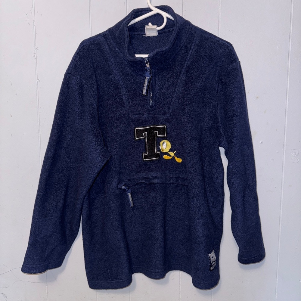 Vintage 2000 Looney Tunes Tweety Bird Fleece Quarter Zip Pullover Navy‎ Blue L